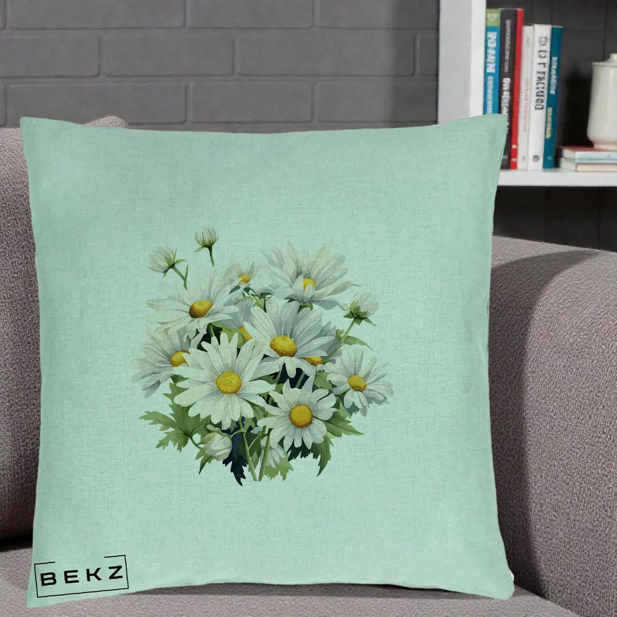 Perna Decorativa Buchet Margarete Albe Acuarela, 40x40 cm, Verde Menta, Husa Detasabila, Perna, BEKZ®