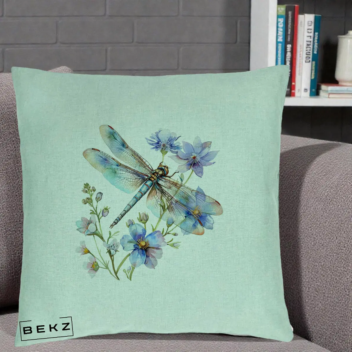 Perna Decorativa Libelula Acuarela Flori Albastre, 40x40 cm, Verde Menta, Husa Detasabila, Perna, BEKZ®
