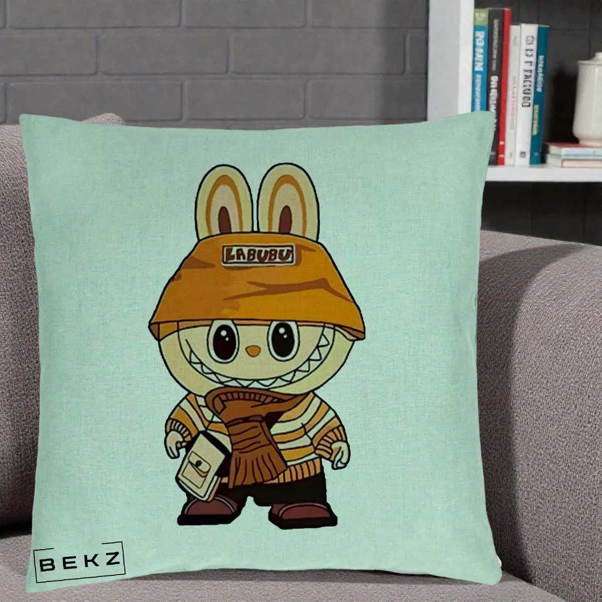 Perna Decorativa Labubu Streetwear Portocaliu, 40x40 cm, Verde Menta, Husa Detasabila, Perna, BEKZ®