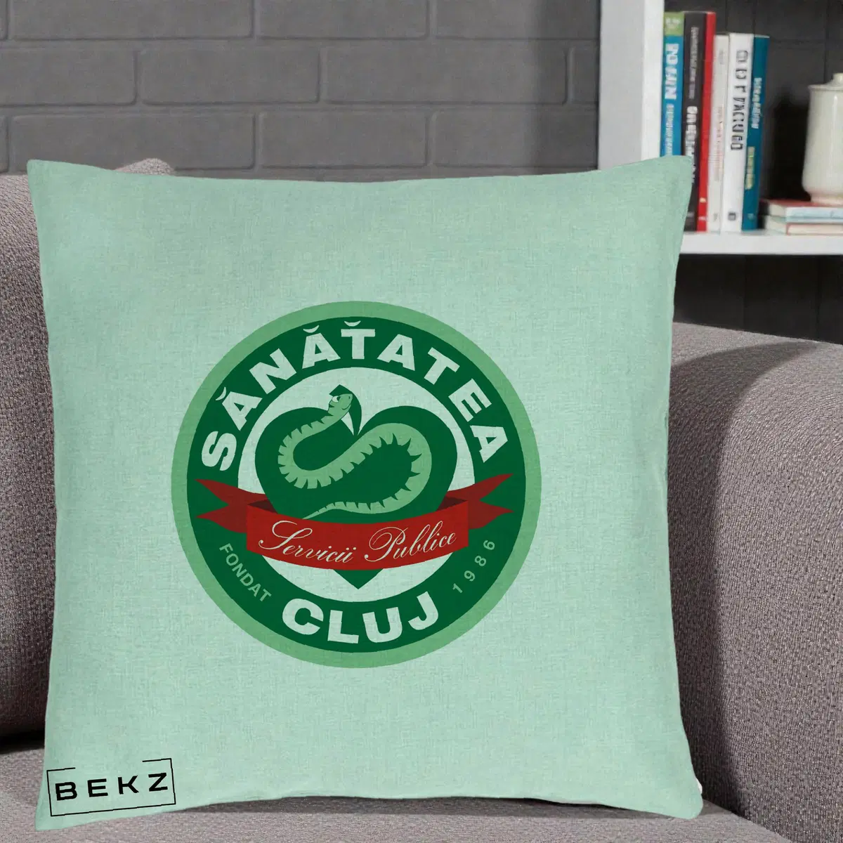 Perna Decorativa Sanatatea Cluj Servicii Publice 1986, 40x40 cm, Verde Menta, Husa Detasabila, Perna, BEKZ®