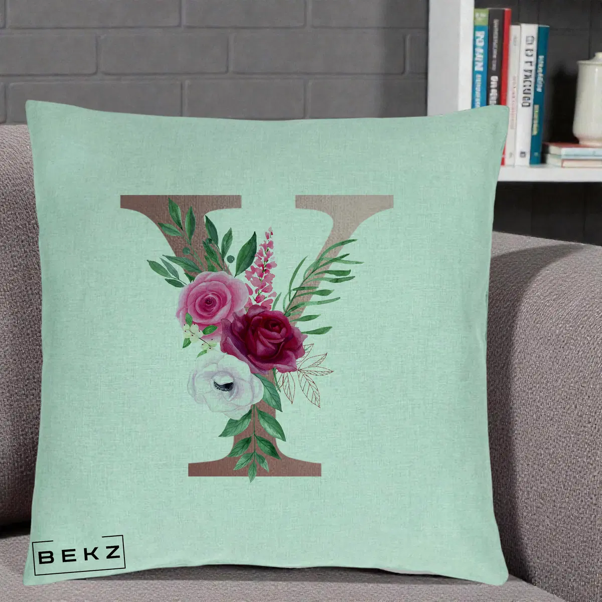 Perna Decorativa Monograma Rose Gold Litera Y, 40x40 cm, Verde Menta, Husa Detasabila, Perna, BEKZ®