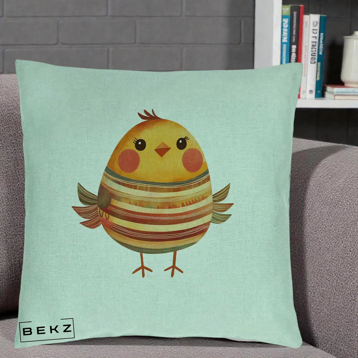 Perna Decorativa Pui Kawaii Portocaliu Dungi Calde, 40x40 cm, Verde Menta, Husa Detasabila, Perna, BEKZ®