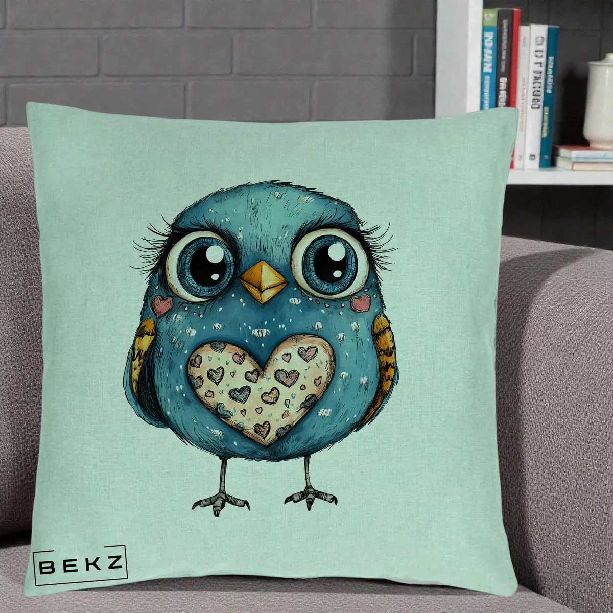Perna Decorativa Bufnita Albastra cu Inimioare, 40x40 cm, Verde Menta, Husa Detasabila, Perna, BEKZ®