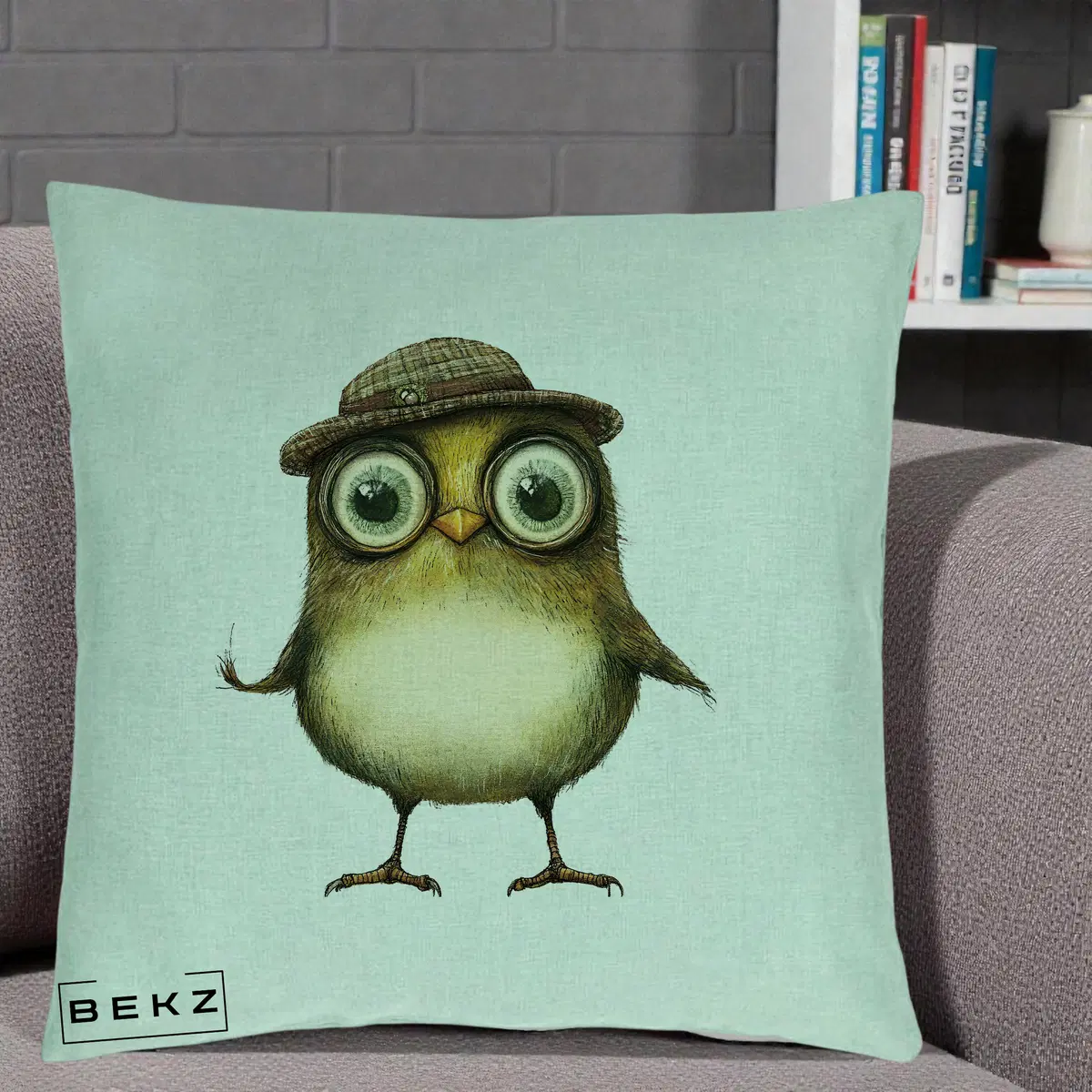 Perna Decorativa Pui Intelectual cu Palarie Tweed, 40x40 cm, Verde Menta, Husa Detasabila, Perna, BEKZ®