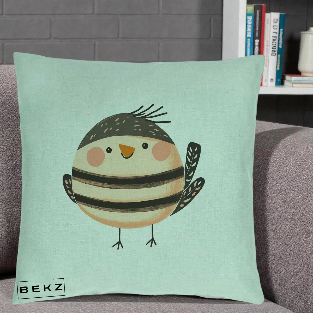 Perna Decorativa Pui Kawaii Bej-Negru Dungat, 40x40 cm, Verde Menta, Husa Detasabila, Perna, BEKZ®