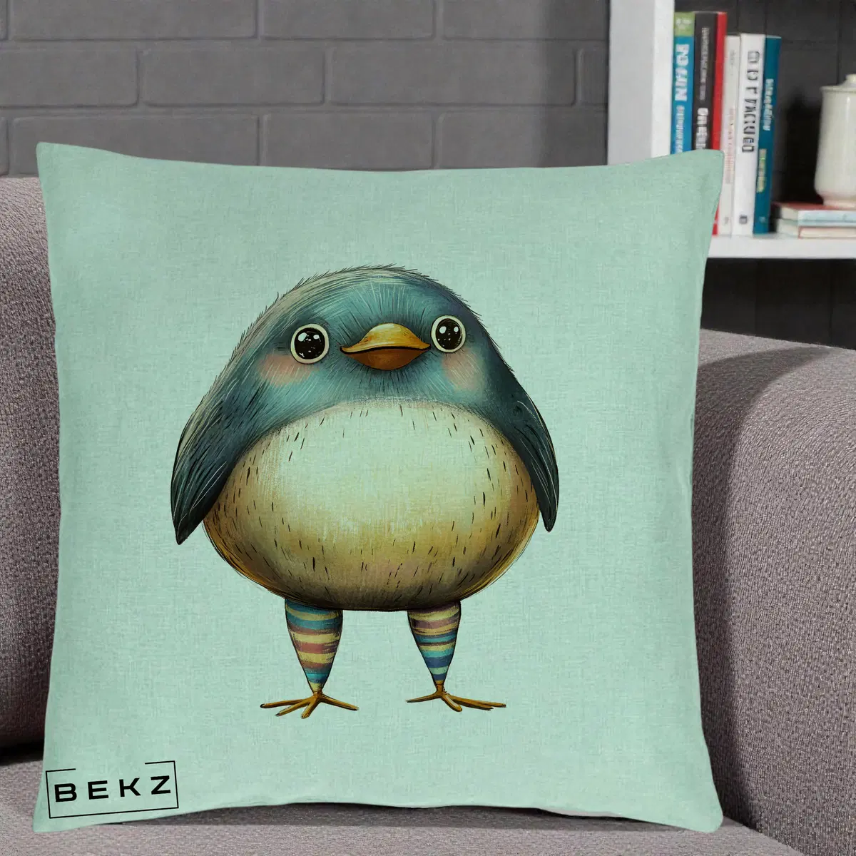Perna Decorativa Pasare Teal-Bej cu Sosete Curcubeu, 40x40 cm, Verde Menta, Husa Detasabila, Perna, BEKZ®