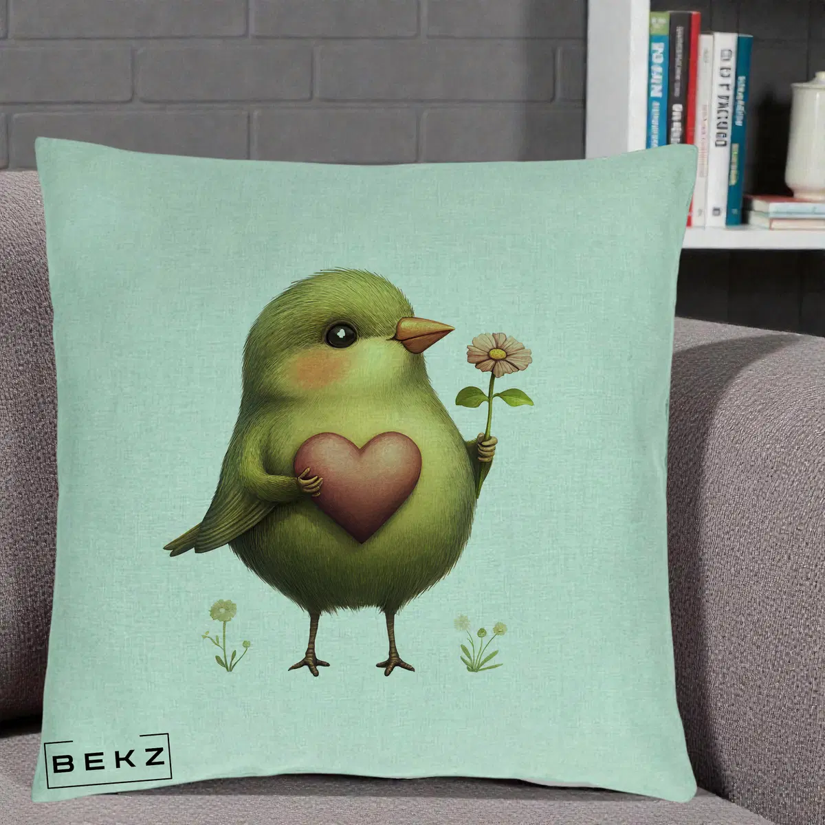Perna Decorativa Pasare Verde cu Inima si Floare, 40x40 cm, Verde Menta, Husa Detasabila, Perna, BEKZ®