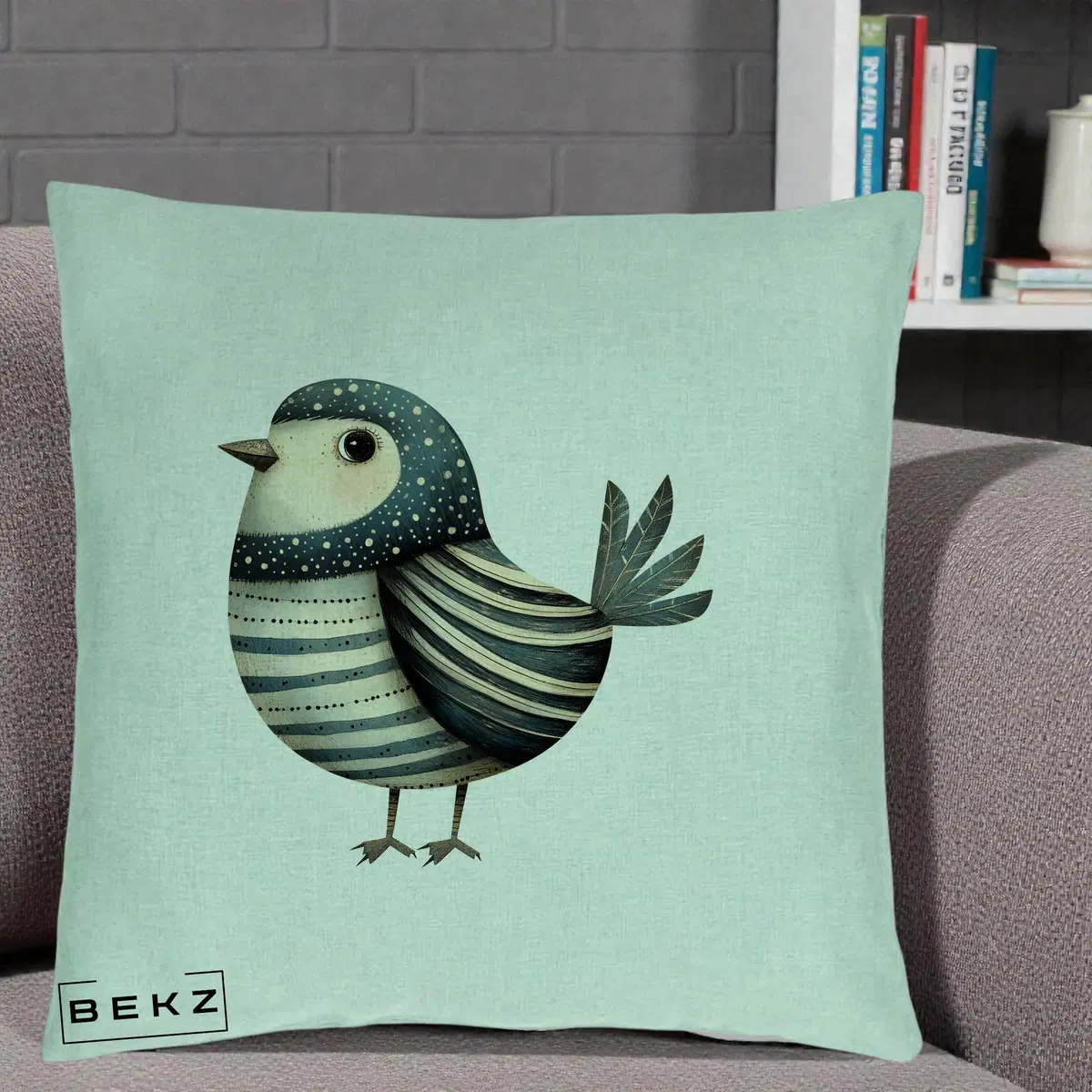 Perna Decorativa Pasare Teal Decorativa Dungata, 40x40 cm, Verde Menta, Husa Detasabila, Perna, BEKZ®