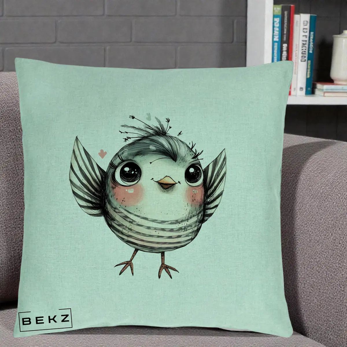 Perna Decorativa Pasare Gri cu Aripi si Inimioare, 40x40 cm, Verde Menta, Husa Detasabila, Perna, BEKZ®