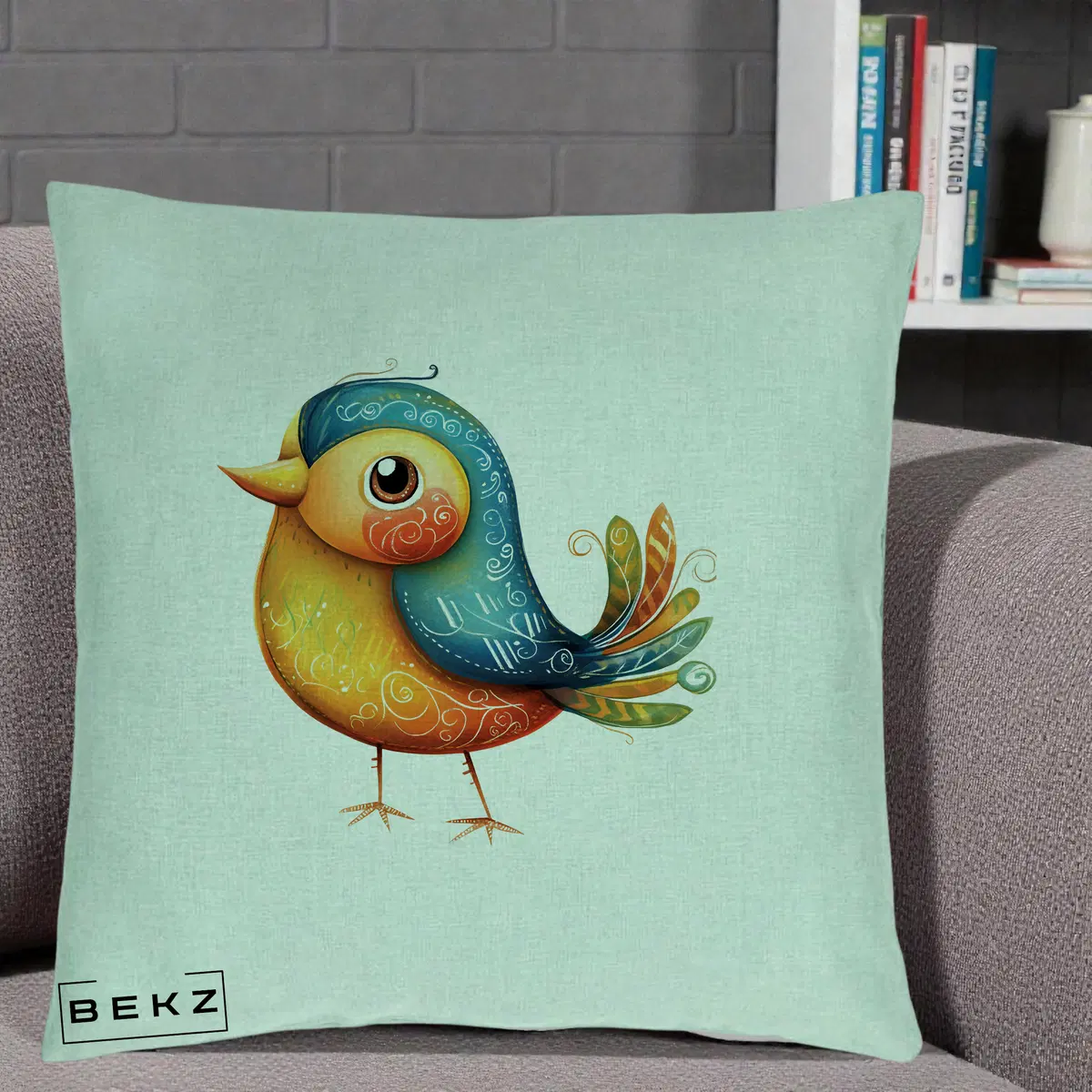 Perna Decorativa Pasare Folk Art Portocalie-Teal, 40x40 cm, Verde Menta, Husa Detasabila, Perna, BEKZ®