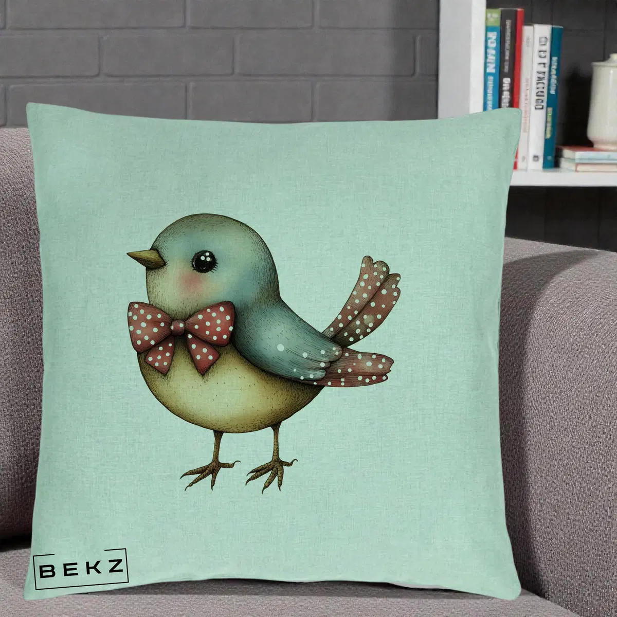 Perna Decorativa Pasare Bleu cu Fundita Rosie, 40x40 cm, Verde Menta, Husa Detasabila, Perna, BEKZ®