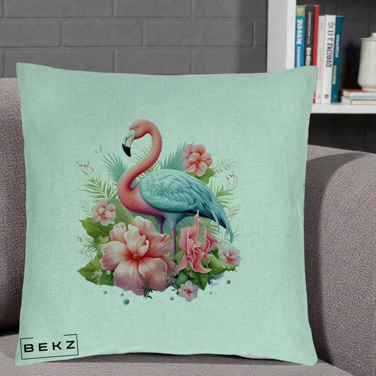 Perna Decorativa Flamingo cu Hibiscus Tropical, 40x40 cm, Verde Menta, Husa Detasabila, Perna, BEKZ®