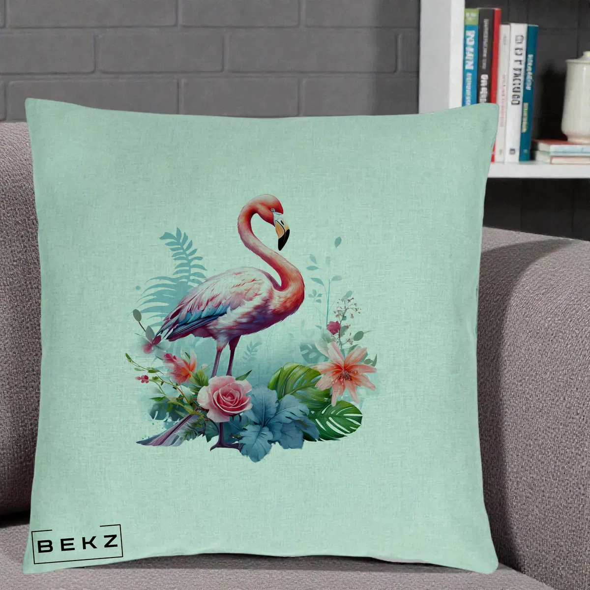 Perna Decorativa Flamingo cu Flori Tropicale Acuarela, 40x40 cm, Verde Menta, Husa Detasabila, Perna, BEKZ®