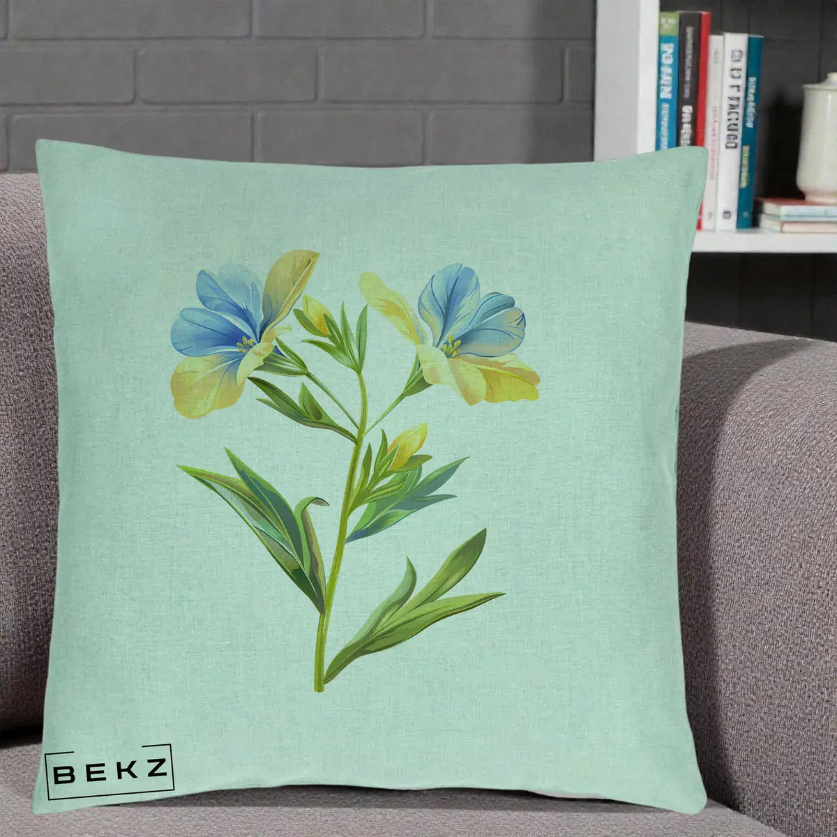 Perna Decorativa Botanica Frezie Galbena si Albastra, 40x40 cm, Verde Menta, Husa Detasabila, Perna, BEKZ®