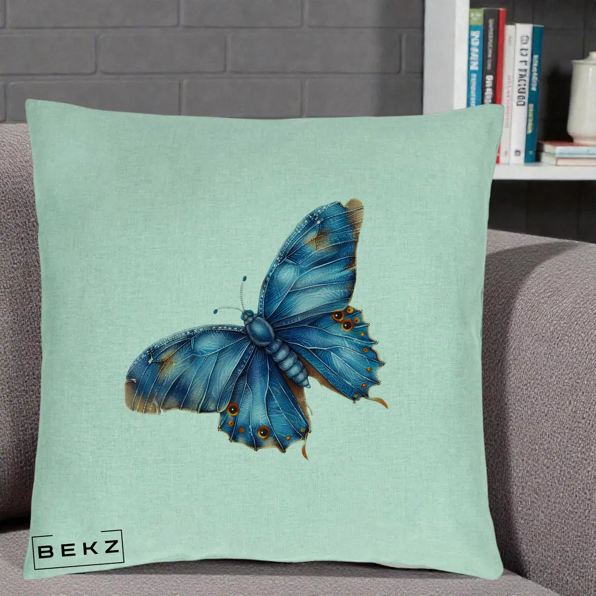 Perna Decorativa Fluture Albastru Satin cu Pete Aurii, 40x40 cm, Verde Menta, Husa Detasabila, Perna, BEKZ®