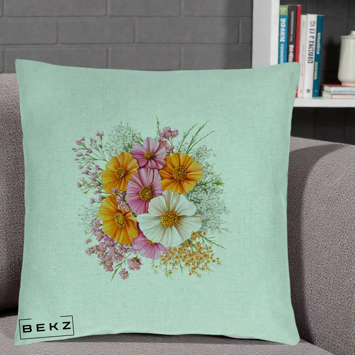 Perna Decorativa Buchet Cosmos Portocaliu Roz si Alb, 40x40 cm, Verde Menta, Husa Detasabila, Perna, BEKZ®