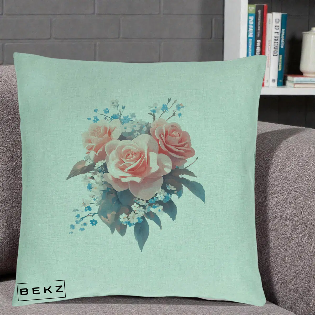 Perna Decorativa Trandafiri Roz cu Floricele Albastre, 40x40 cm, Verde Menta, Husa Detasabila, Perna, BEKZ®