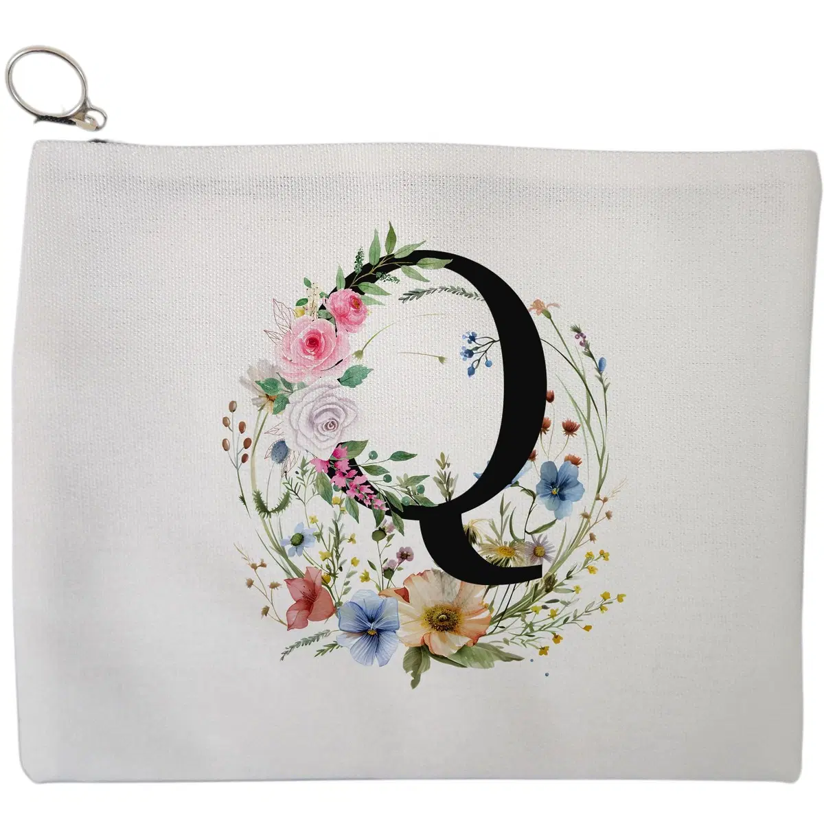 Portfard Cosmetice tip Plic, Cu litera Q in Coronita Florala, 23x18 cm, Alb, BEKZ®