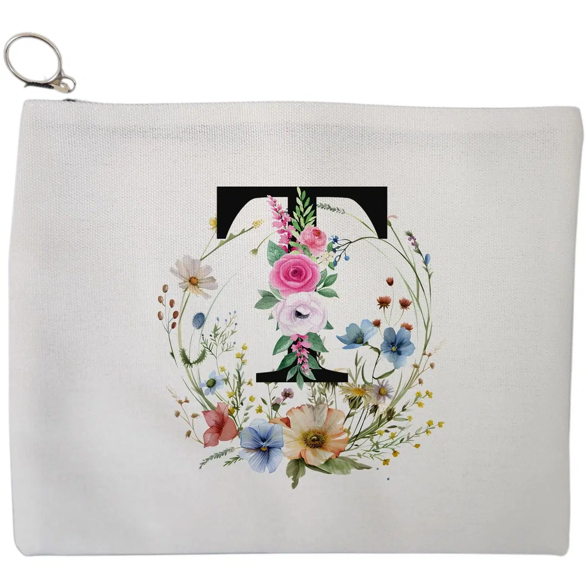 Portfard Cosmetice tip Plic, Cu litera T in Coronita Florala, 23x18 cm, Alb, BEKZ®