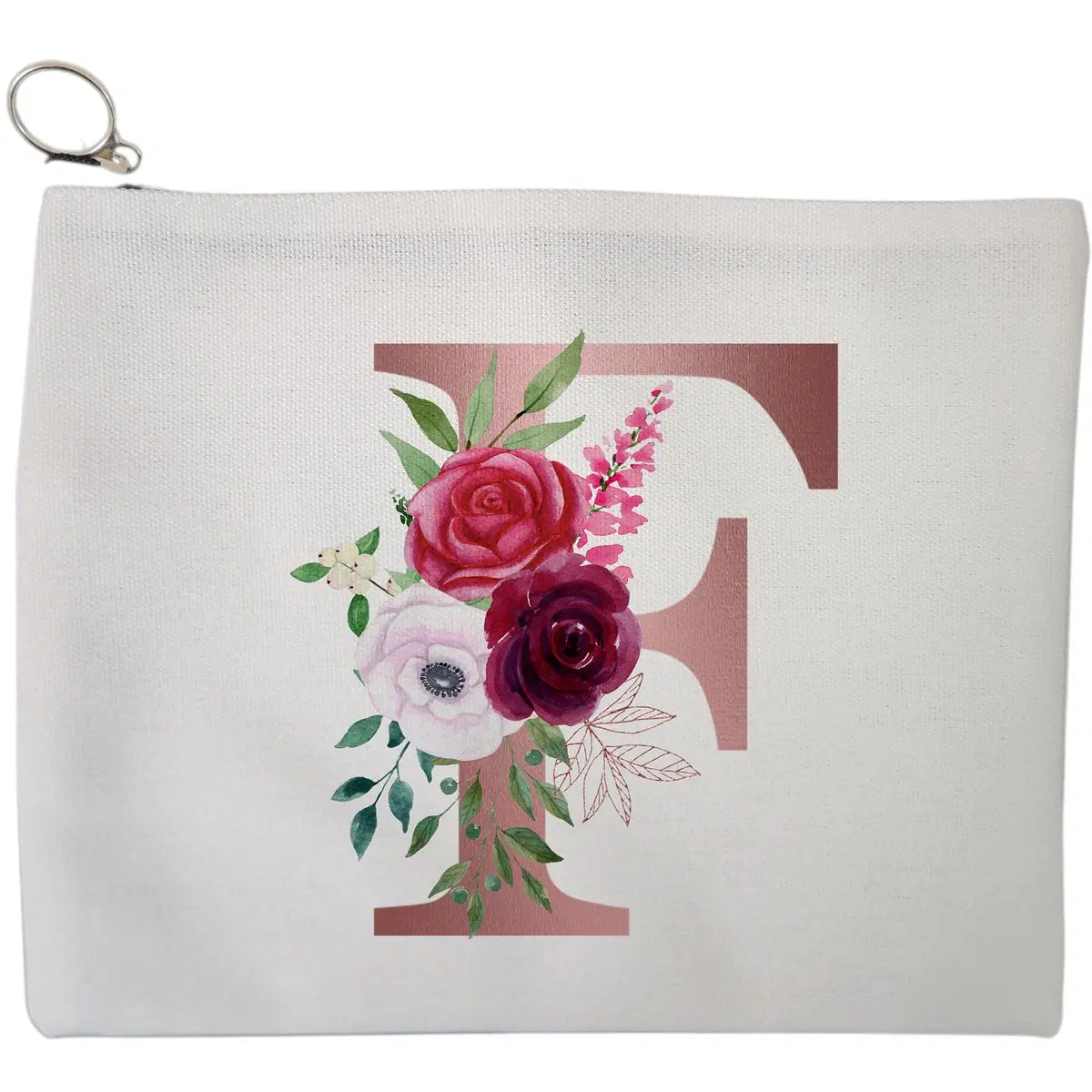 Portfard Cosmetice tip Plic, Cu litera F Rose Gold si Trandafiri, 23x18 cm, Alb, BEKZ®