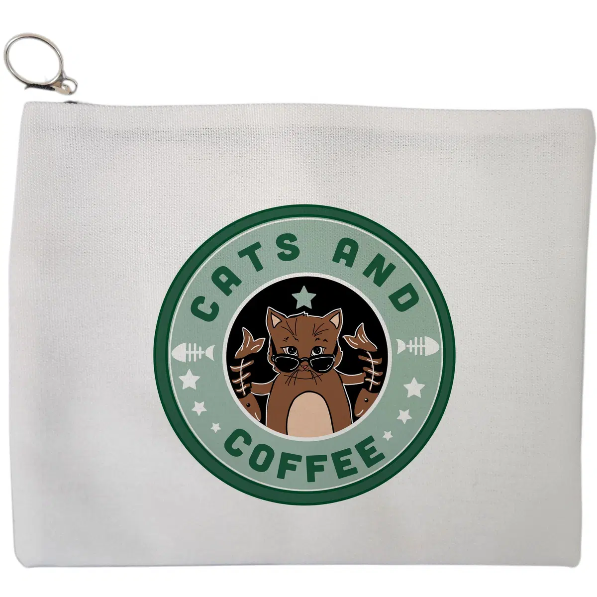 Portfard Cosmetice tip Plic, model Cats And Coffee, 23x18 cm, Alb, BEKZ®