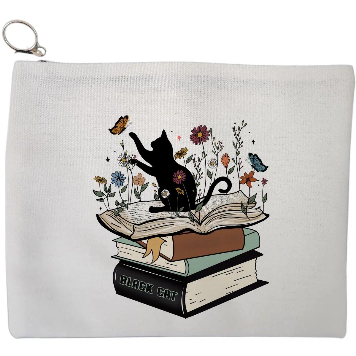 Portfard Cosmetice tip Plic, model Black Cat Books, 23x18 cm, Alb, BEKZ®