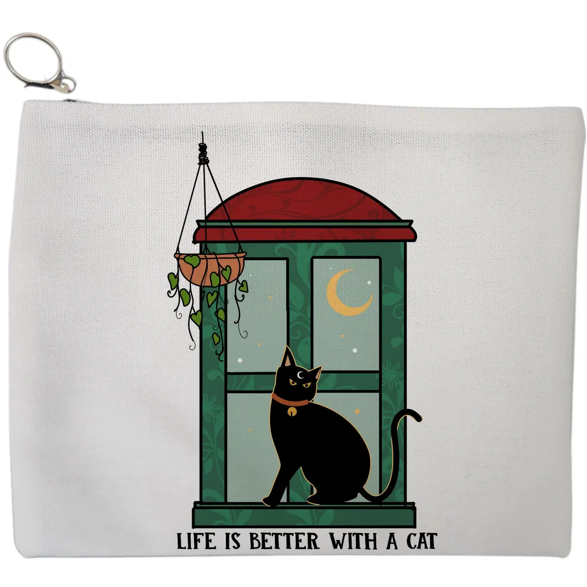 Portfard Cosmetice tip Plic, model Life Is Better With A Cat, 23x18 cm, Alb, BEKZ®