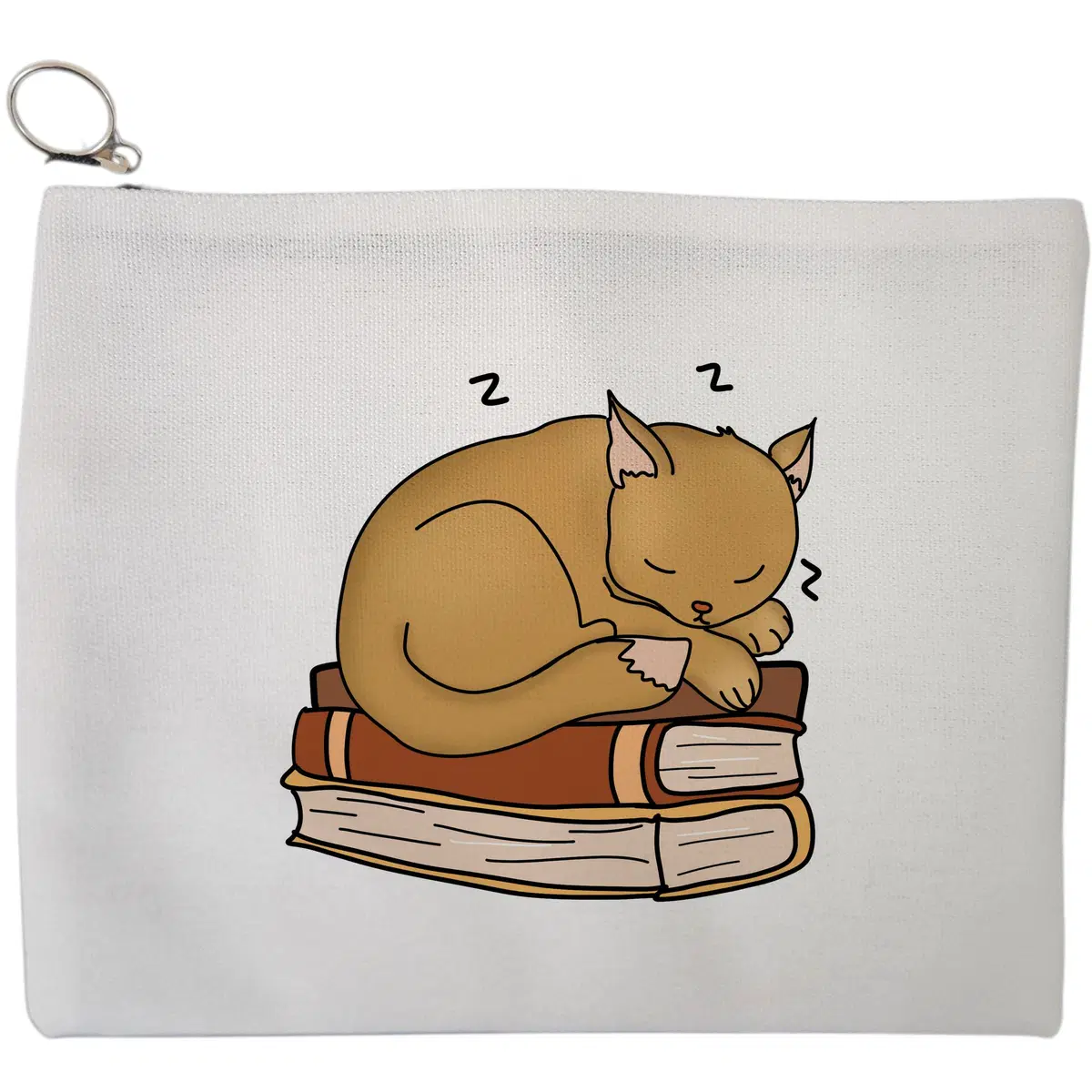 Portfard Cosmetice tip Plic, model Cat Napping On Books, 23x18 cm, Alb, BEKZ®