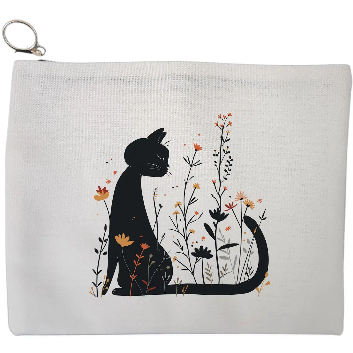 Portfard Cosmetice tip Plic, model Cat In Wildflowers, 23x18 cm, Alb, BEKZ®