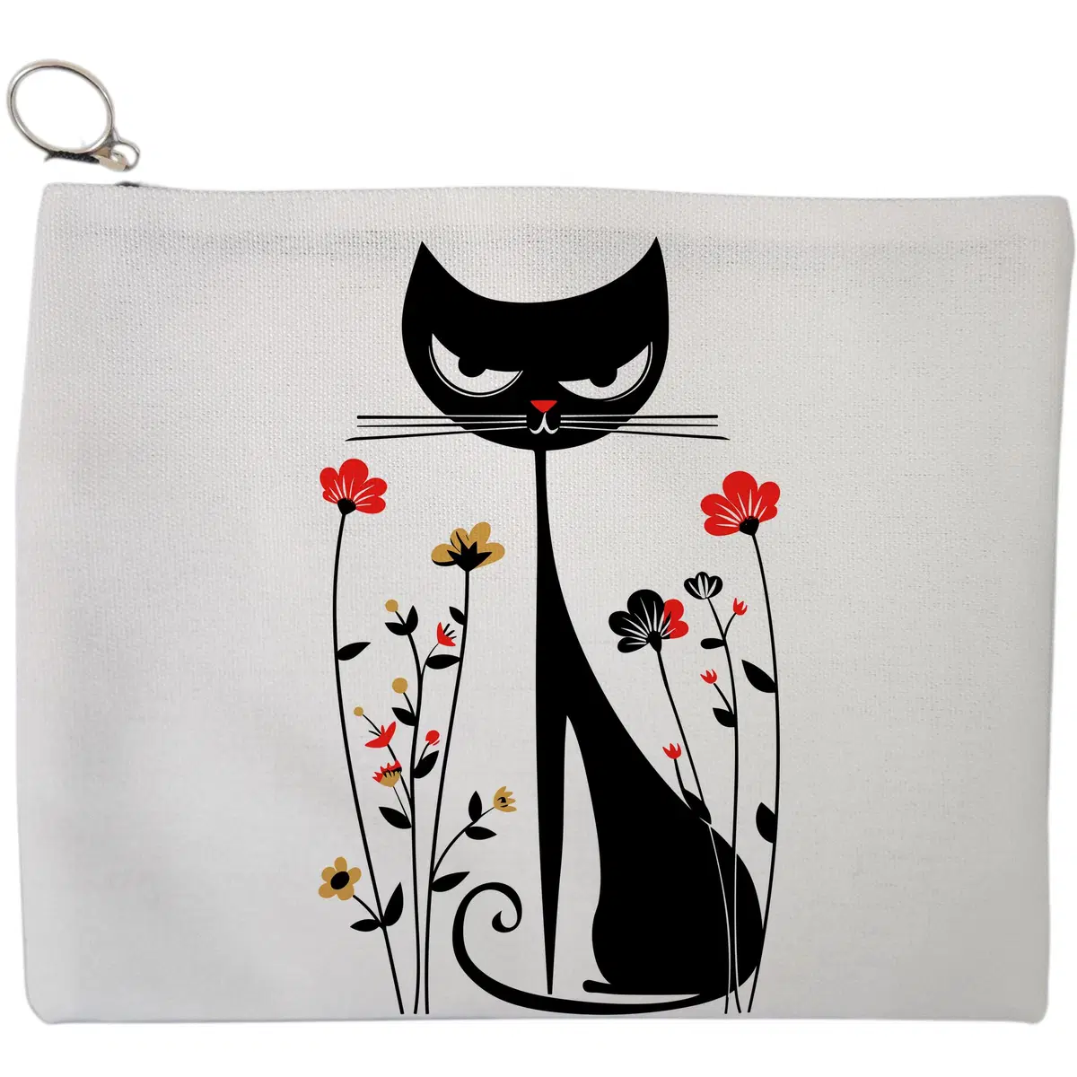 Portfard Cosmetice tip Plic, model Retro Cat Bouquet, 23x18 cm, Alb, BEKZ®