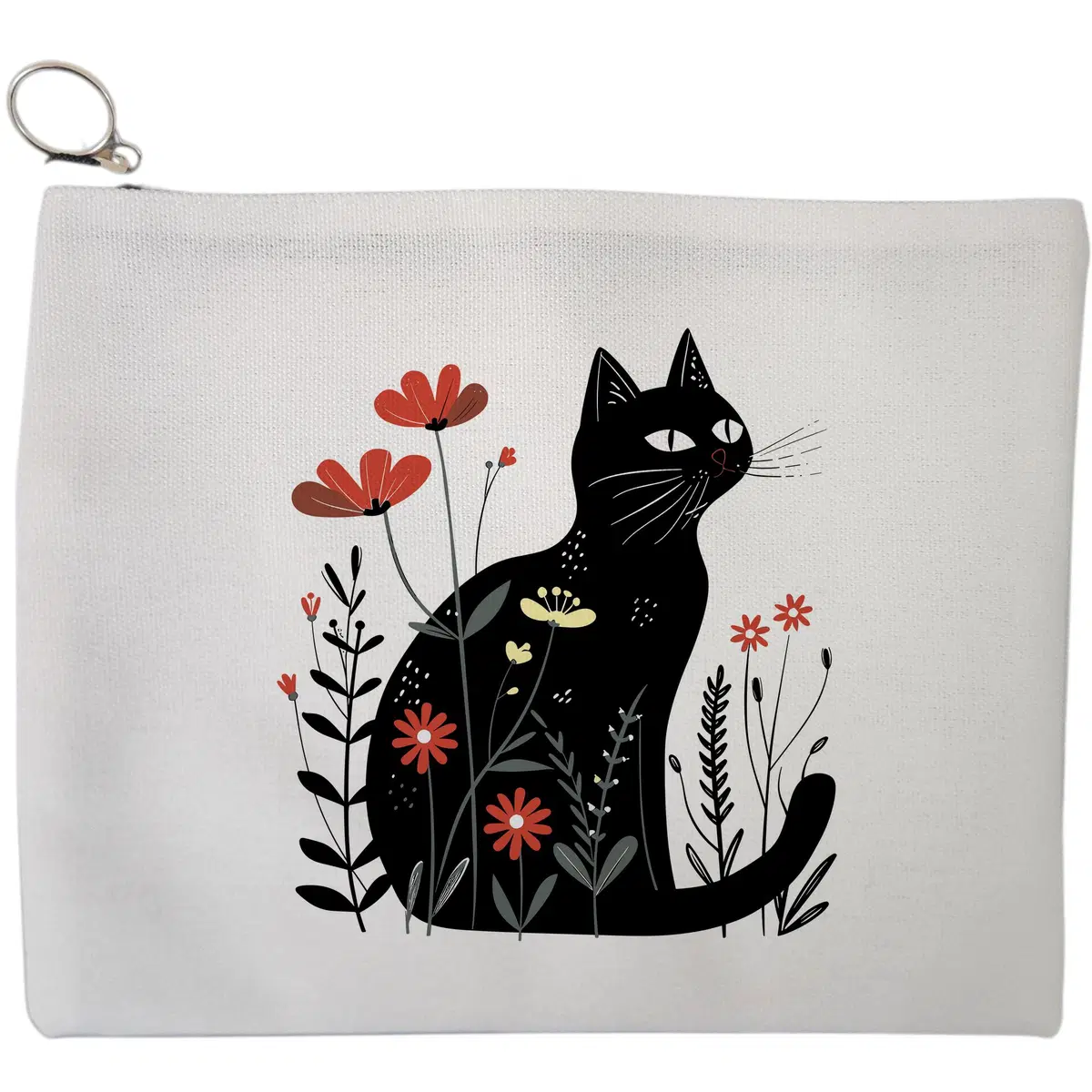 Portfard Cosmetice tip Plic, model Cat In Poppy Field, 23x18 cm, Alb, BEKZ®