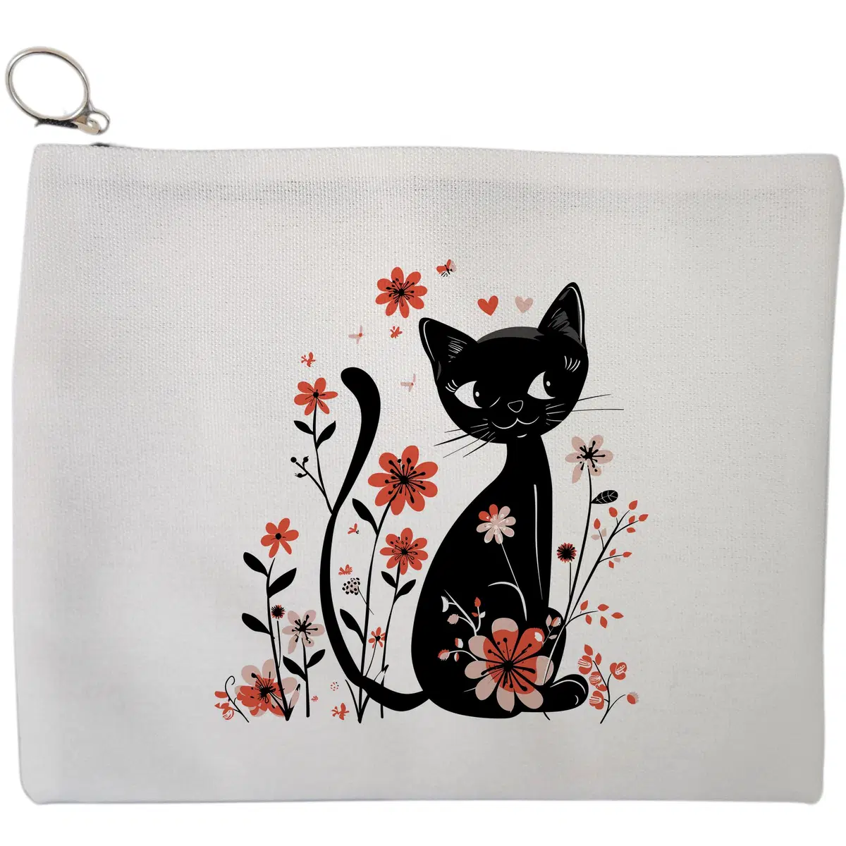 Portfard Cosmetice tip Plic, model Black Cat Blossom, 23x18 cm, Alb, BEKZ®