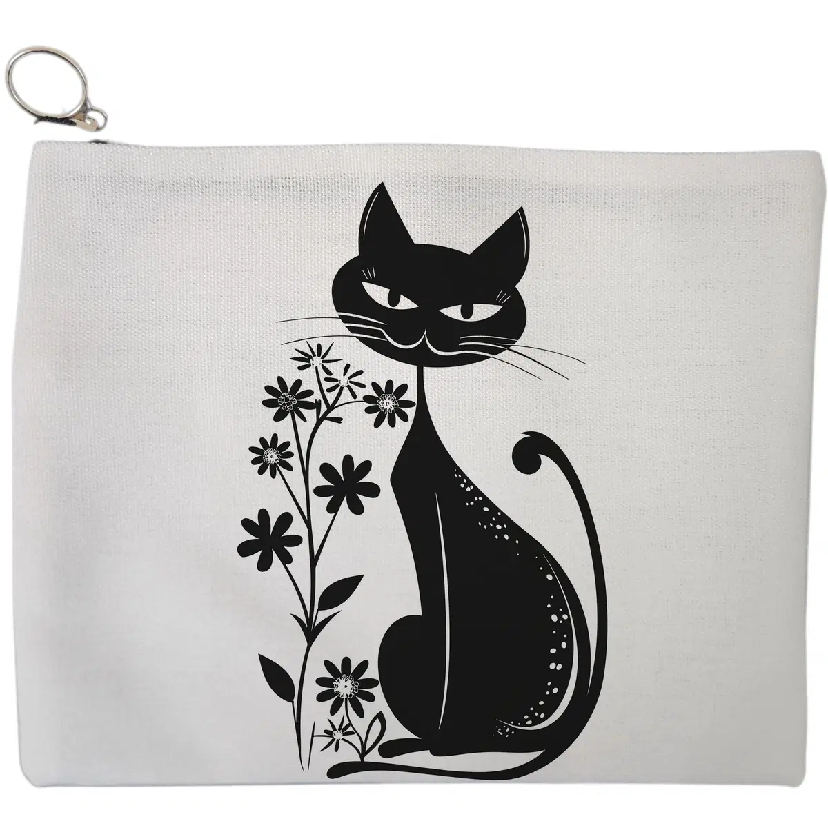 Portfard Cosmetice tip Plic, model Retro Cat Daisies, 23x18 cm, Alb, BEKZ®