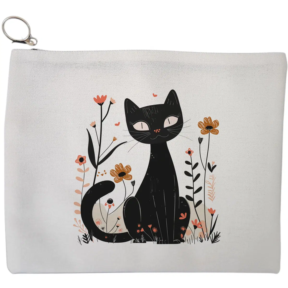 Portfard Cosmetice tip Plic, model Black Cat Meadow, 23x18 cm, Alb, BEKZ®