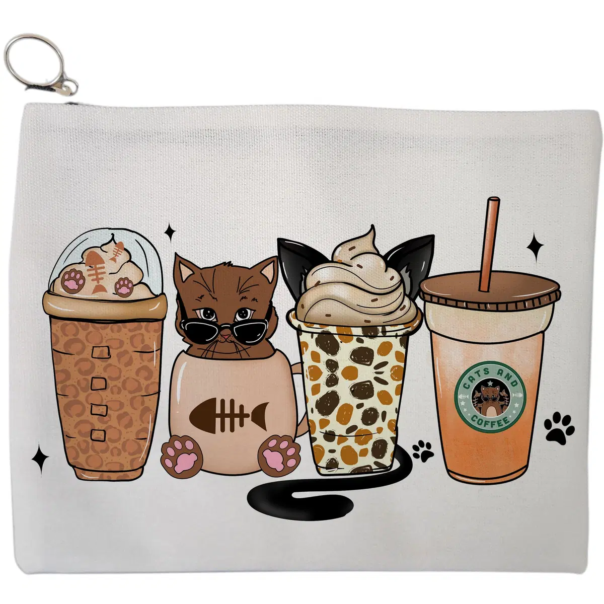 Portfard Cosmetice tip Plic, model Cats and Coffee, 23x18 cm, Alb, BEKZ®