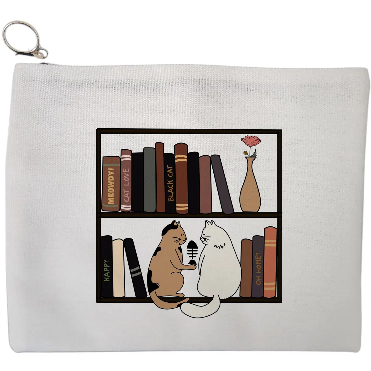 Portfard Cosmetice tip Plic, model Cat Bookshelf, 23x18 cm, Alb, BEKZ®