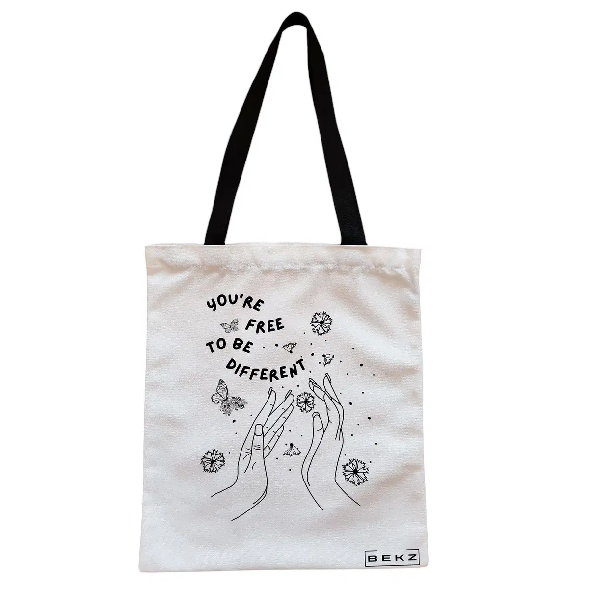 Geanta Canvas Tote pentru femei, model You’re free to be different, 38x34.5 cm, Alba, BEKZ®