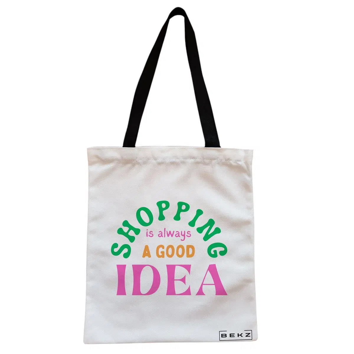 Geanta Canvas Tote pentru femei, model Shopping is always a good idea, 38x34.5 cm, Alba, BEKZ®