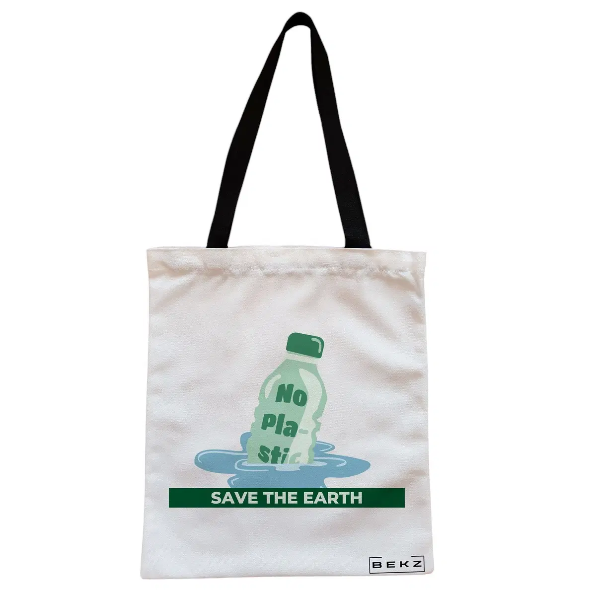 Geanta Canvas Tote pentru femei, model No plastic - Save the earth, 38x34.5 cm, Alba, BEKZ®