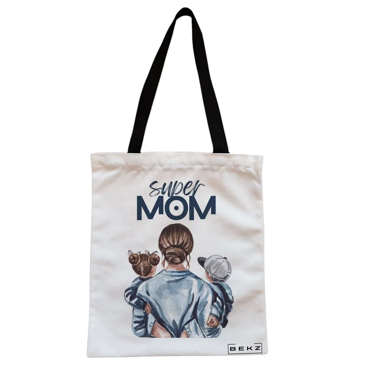 Geanta Canvas Tote pentru femei, model Super Mom, 38x34.5 cm, Alba, BEKZ®