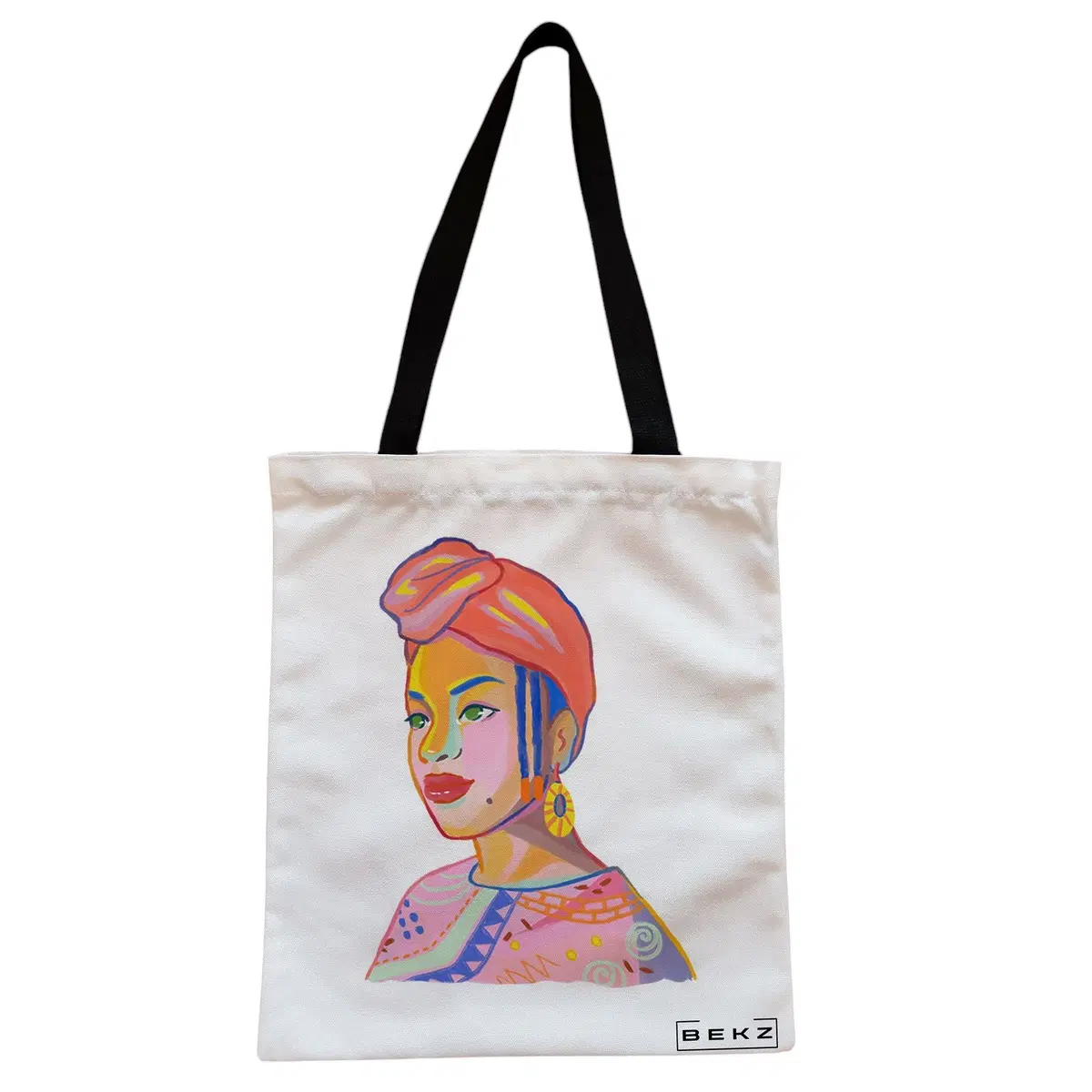 Geanta Canvas Tote pentru femei, model Portret Vibrant, 38x34.5 cm, Alba, BEKZ®