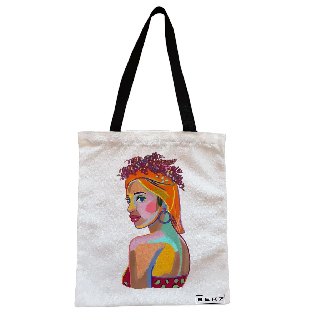 Geanta Canvas Tote pentru femei, model Portret Vibrant 3, 38x34.5 cm, Alba, BEKZ®