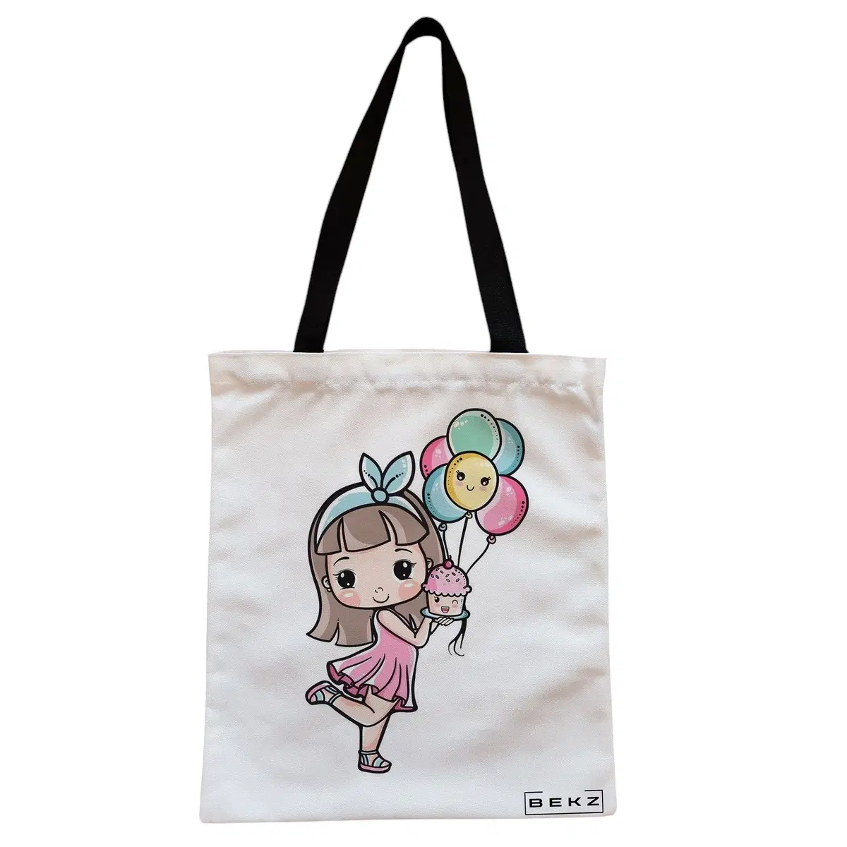 Geanta Canvas Tote pentru femei, model Cupcake girl, 38x34.5 cm, Alba, BEKZ®