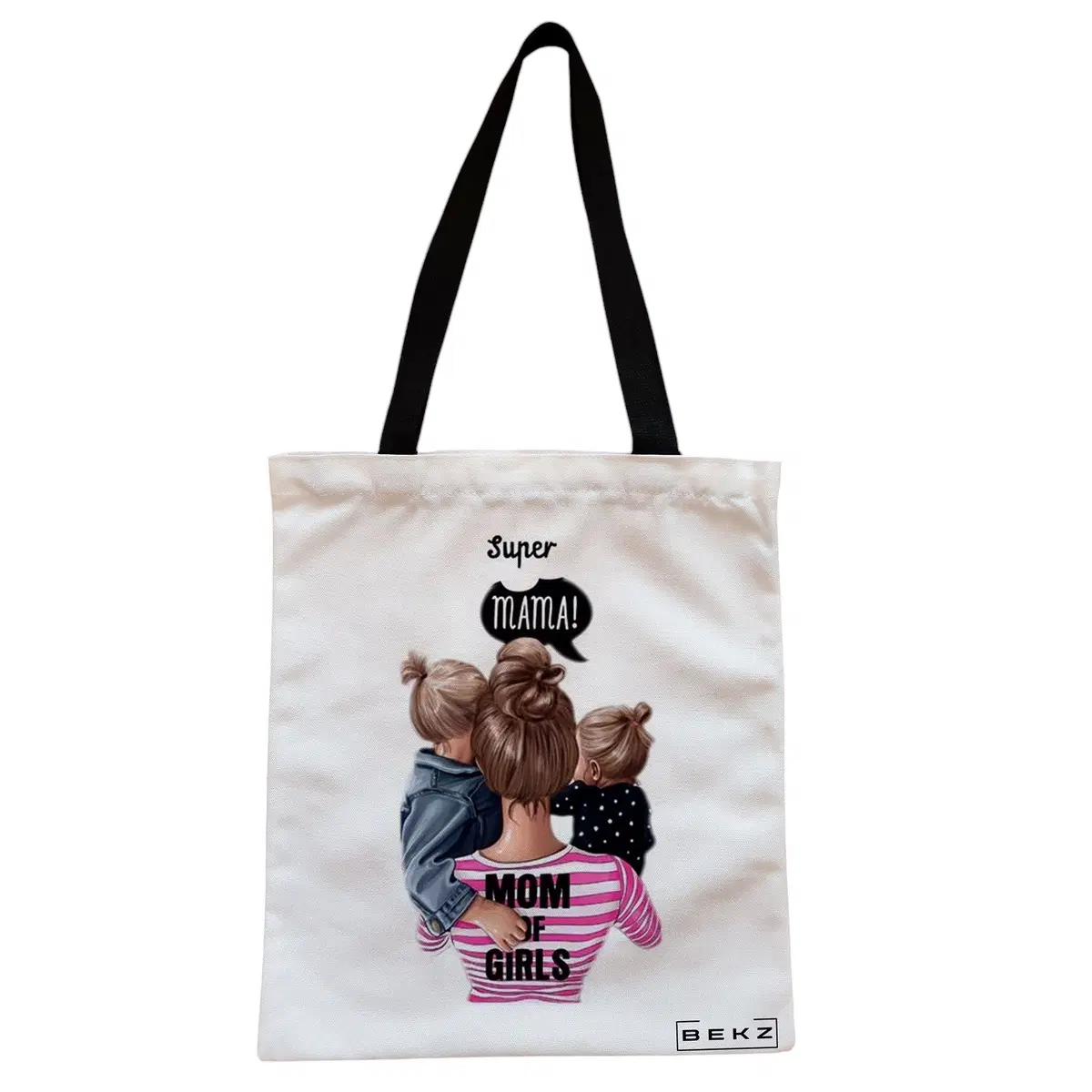 Geanta Canvas Tote pentru femei, model Super Mama, 38x34.5 cm, Alba, BEKZ®