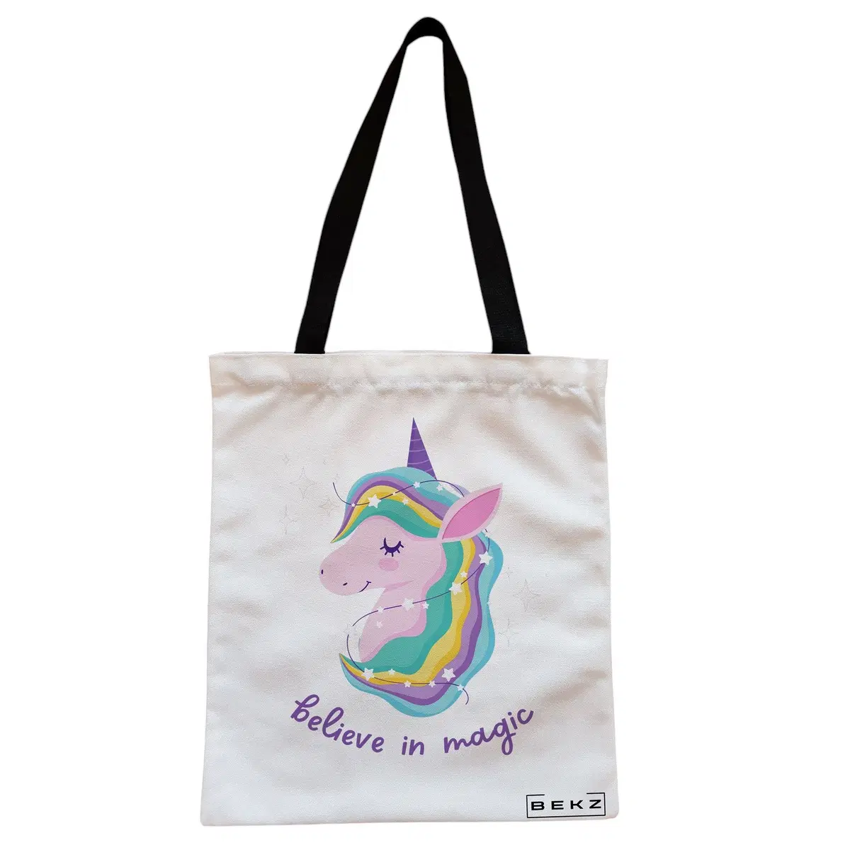Geanta Canvas Tote pentru femei, model Believe in Magic, 38x34.5 cm, Alba, BEKZ®