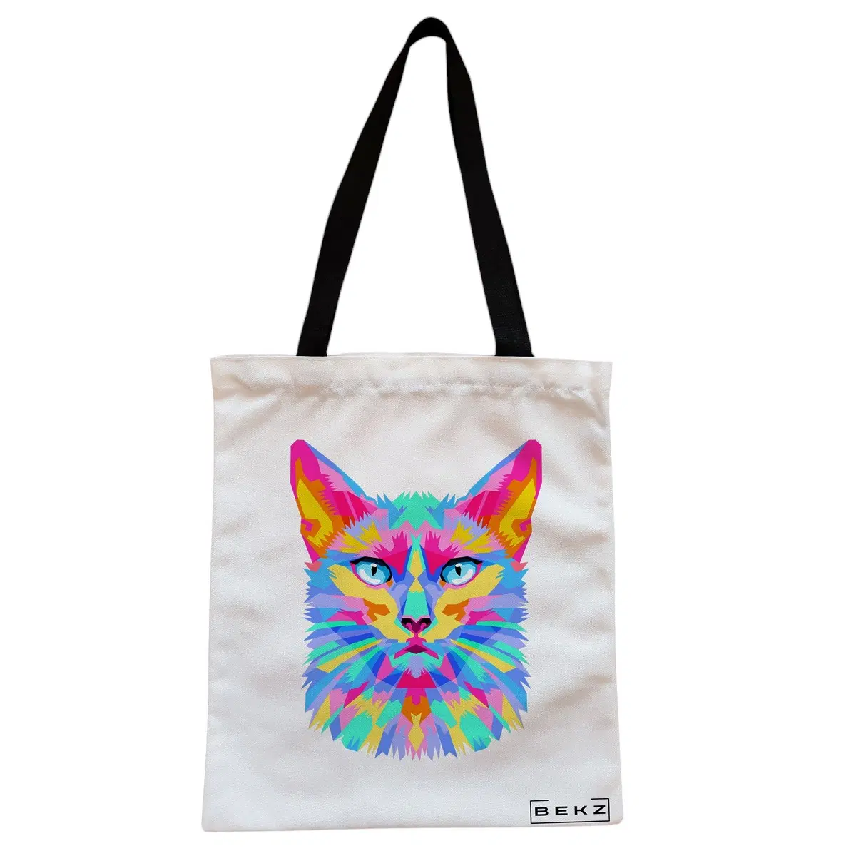 Geanta Canvas Tote pentru femei, model Colorful Geometric Cat, 38x34.5 cm, Alba, BEKZ®
