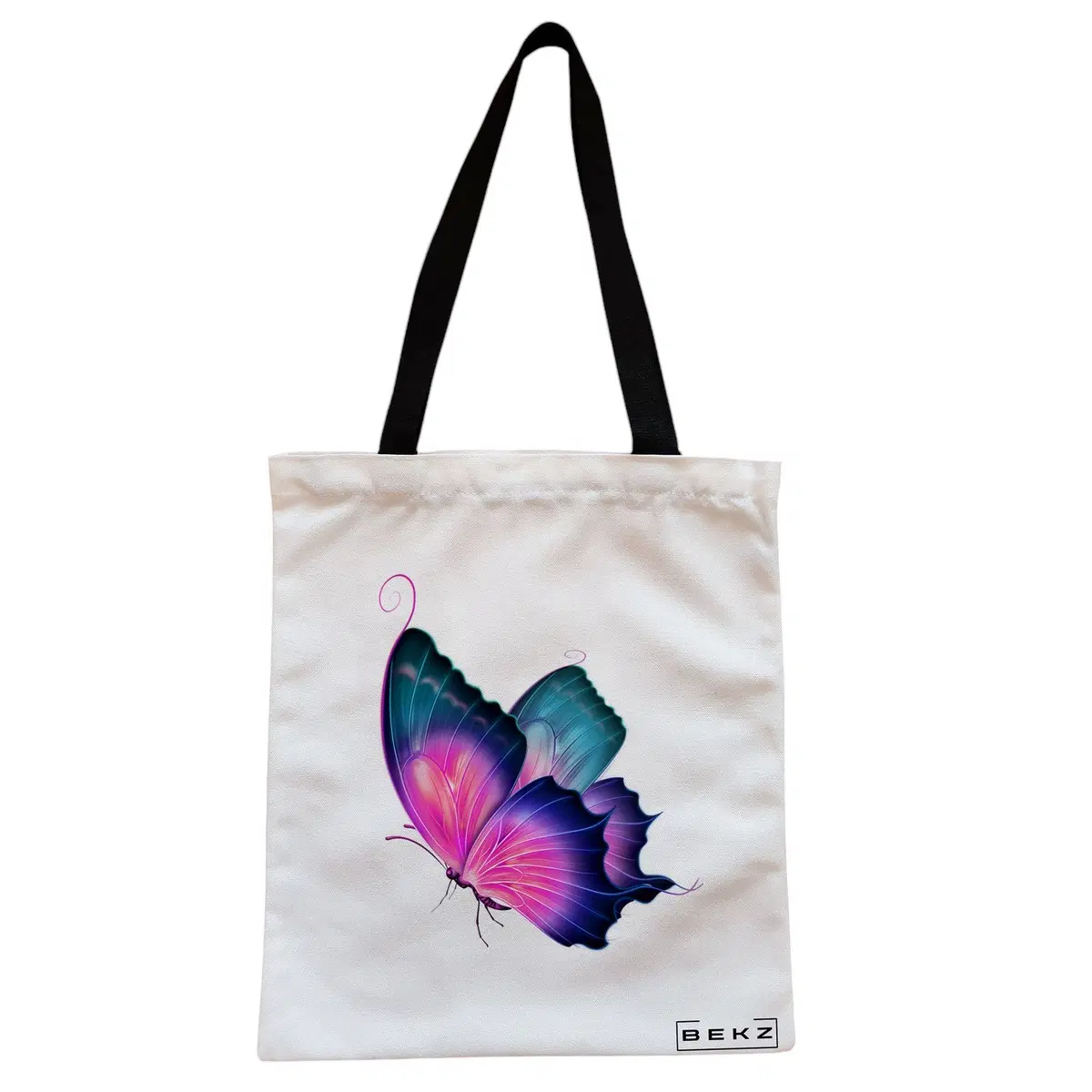 Geanta Canvas Tote pentru femei, model Colorful Butterfly, 38x34.5 cm, Alba, BEKZ®