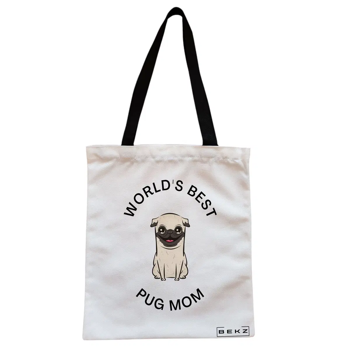 Geanta Canvas Tote pentru femei, model World’s best pug mom, 38x34.5 cm, Alba, BEKZ®
