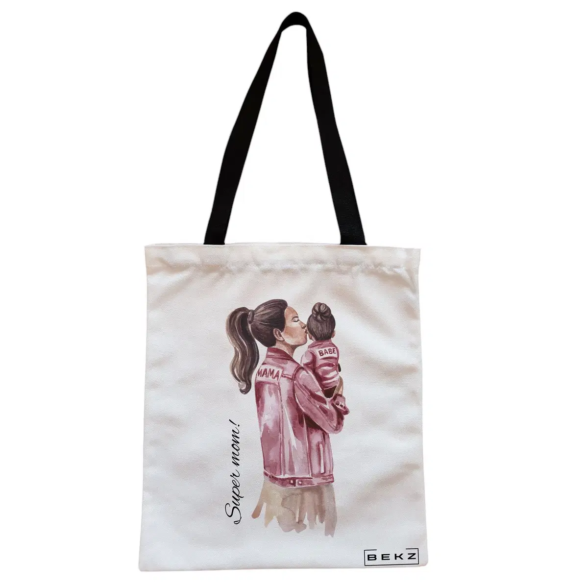 Geanta Canvas Tote pentru femei, model Super Mom 3, 38x34.5 cm, Alba, BEKZ®