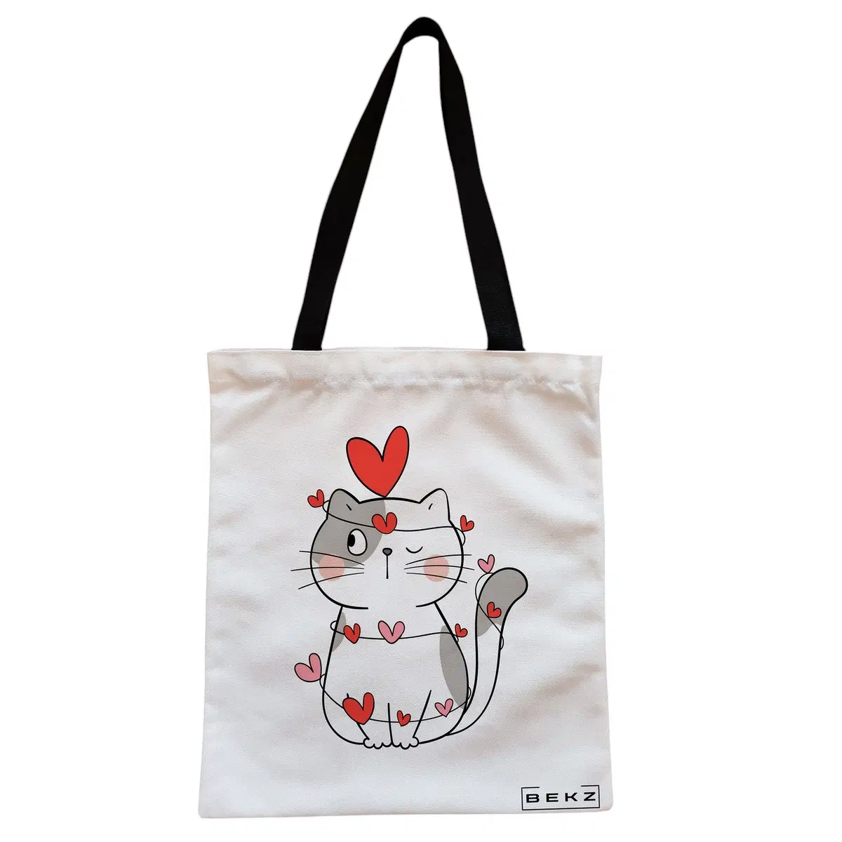Geanta Canvas Tote pentru femei, model Kitty Love, 38x34.5 cm, Alba, BEKZ®